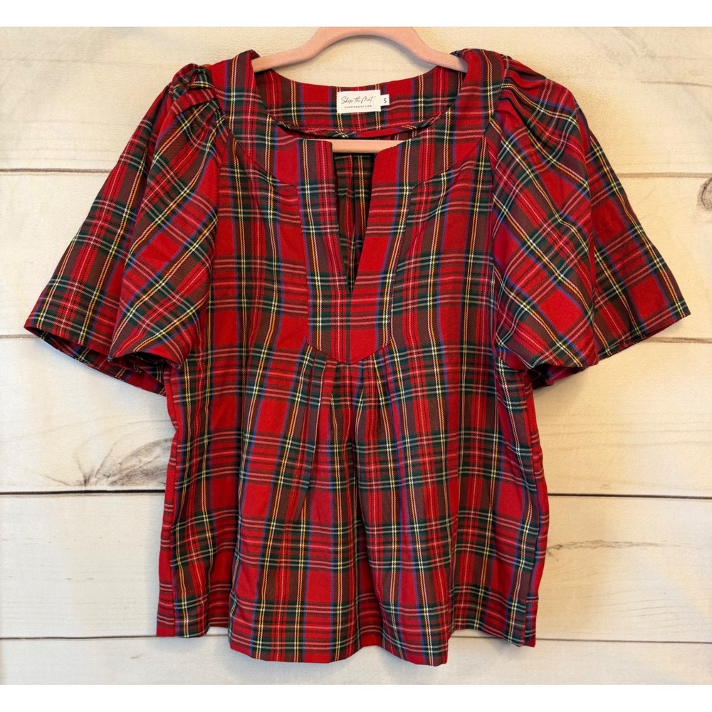 Shop The Mint Red Tartan Plaid Split Neck Babydoll Blouse Short Sleeve Small